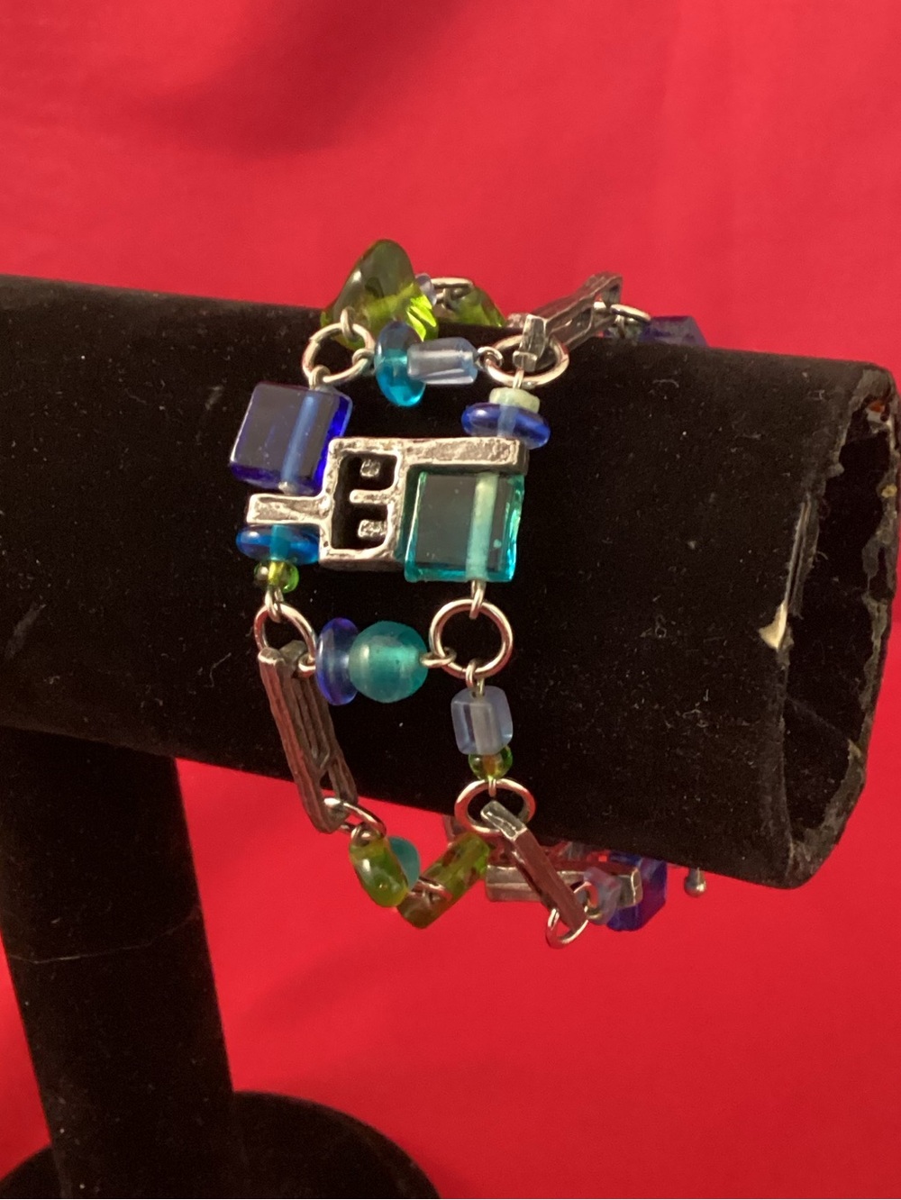 Blue Green Glass Bead Metallic Double-Strand Bracelet signed Anne-Marie Chagnon